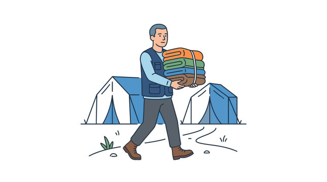 A man carrying a stack of folded blankets while walking outdoors.