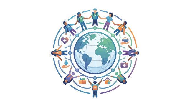 Diverse group of people holding hands around a globe representing global unity and cooperation.