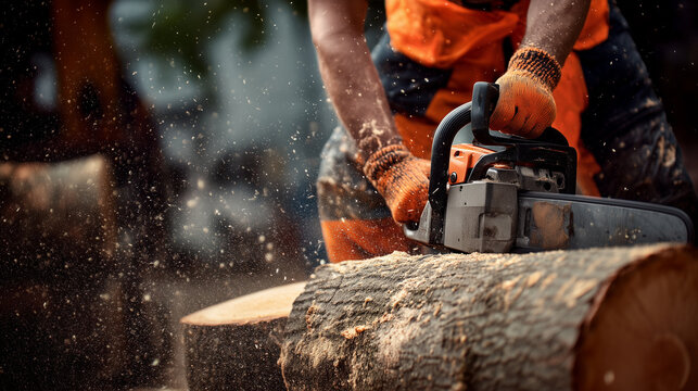 Realistic construction worker cutting wooden log with chainsaw on outdoor worksite, authentic forestry and timber processing scene with flying sawdust, protective gloves, orange sa