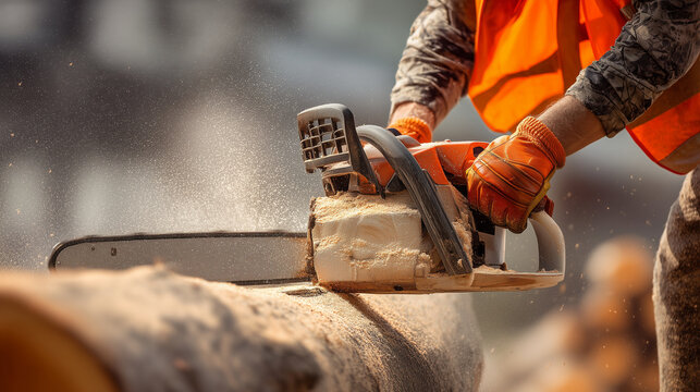 Realistic construction worker cutting wooden log with chainsaw on outdoor worksite, authentic forestry and timber processing scene with flying sawdust, protective gloves, orange sa