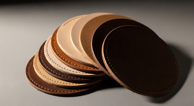 A stack of beautiful circle leather patch designs in various shades of brown and tan, highlighting premium craftsmanship and high-quality material textures.