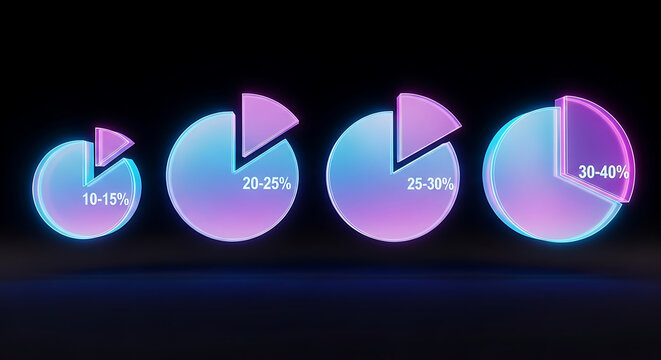 Digital finance growth concept featuring four glowing neon pie charts showing percentage data pie chart business statistics analysis percentage technology infographic marketing investment