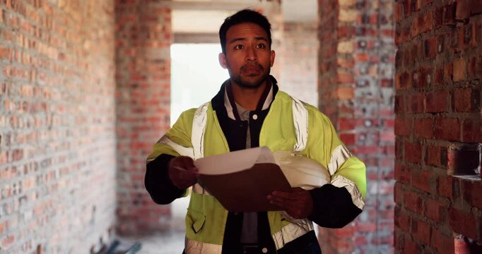 Clipboard, inspection and construction worker on site for building, maintenance or repairs on house. Checklist, man and male civil engineer with documents for home renovation with brick wall.