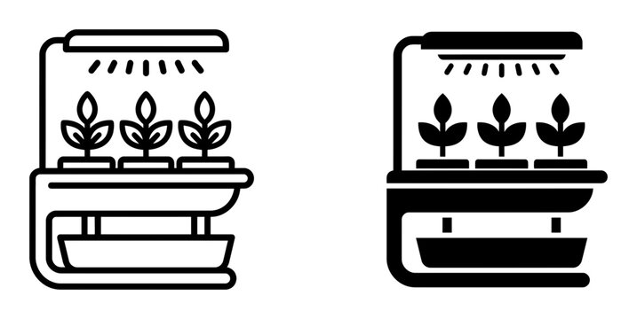 Indoor gardening, plant growing icons, hydroponic systems, black line art