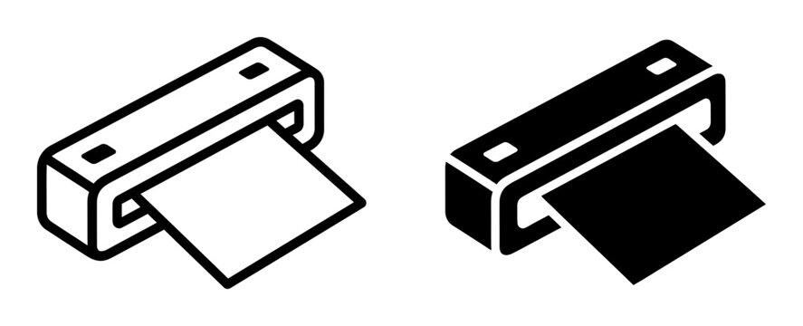 Printer icon set, line art, black and white, paper eject, simple illustration