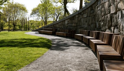 Fototapeta premium Curved wooden benches and stone wall along a park path