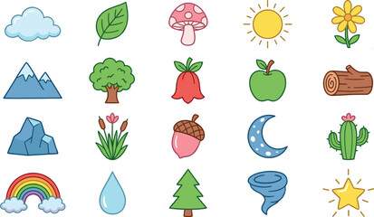 Cute nature sticker bundle with kawaii cartoon environment elements including sun, cloud, mountain, rainbow, tree, flower, mushroom, and star for kids graphic design © MeheDi