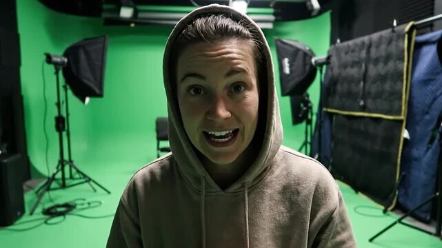 Woman smiling in green screen studio with lights and gear around