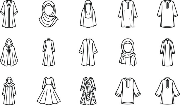 Islamic and Muslim traditional clothing line icon set with hijab abaya thobe dress symbols