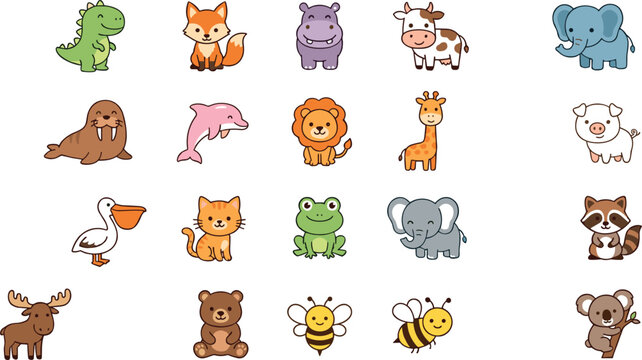 Cute animal sticker bundle with kawaii cartoon characters including dinosaur fox lion giraffe elephant and bear for nursery children graphic design elements