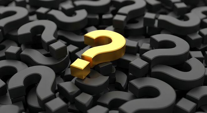 Conceptual representation of a single golden question mark surrounded by multiple grey question marks with question solution confusion decision uncertainty business thinking strategy abstract