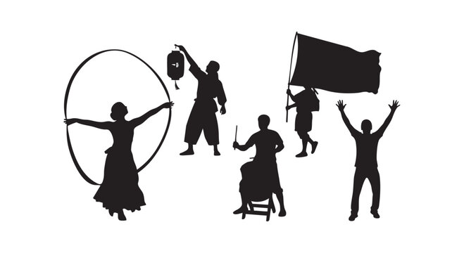 People performing traditional cultural activities silhouette set showcasing festival performances and celebrations.
