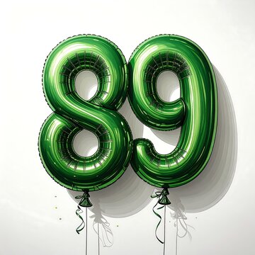 Large, shiny green metallic foil balloons shaped to represent the number eighty-nine, against a plain white backdrop