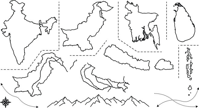 South Asia country map outline icon set with India Pakistan Bangladesh Nepal Sri Lanka mountain symbols
