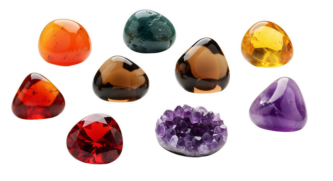 Collection of polished gemstones and crystals in vibrant colors and diverse shapes