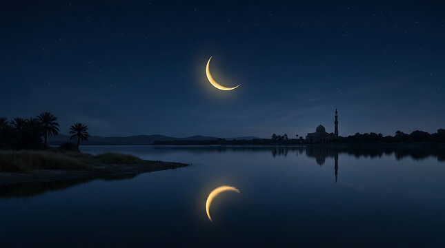 The serene crescent moon illuminating the night sky over tranquil waters, a symbol of Muharram and new beginnings