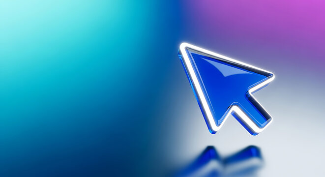 Blue 3D computer mouse cursor pointer with three dimensional technology interface navigation computer interactive selection software