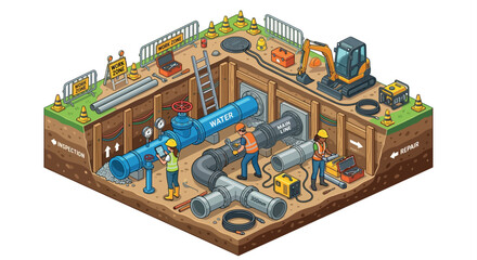 Construction Site With Water Main Repair Isometric Vector Illustration © NIPU