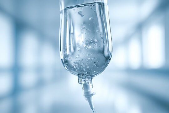 Clear fluid drips from a medical IV bag, symbolizing health, treatment, and care