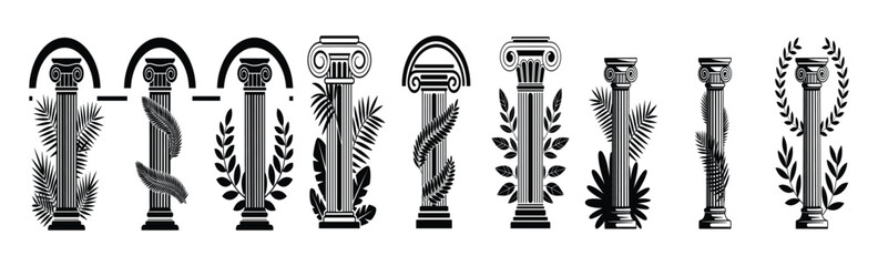 Collection of Ancient Columns: A striking visual display of various ancient columns, each adorned with intricate details and symbolic laurel wreaths, evoking a sense of history and timeless elegance. © Jibit