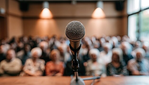 Close-up of a microphone on a stand, facing an attentive audience in a conference room