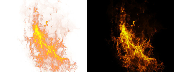 Dynamic fire flames on black and white backgrounds, realistic orange heat blaze texture, burning fire effect for compositing and graphic design © PNG Stock