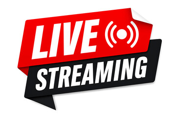 Obraz premium A live streaming logo features a red and black banner with white text and symbol on a plain surface.