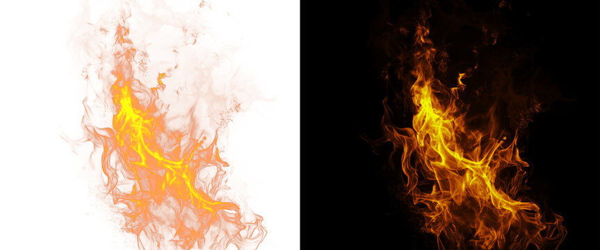 Dynamic fire flames on black and white backgrounds, realistic orange heat blaze texture, burning fire effect for compositing and graphic design