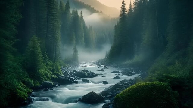 Misty Forest River Icon Vector Serene Nature Landscape Illustration with Flowing Water and Lush Greenery