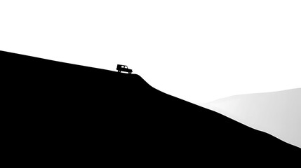 Obraz premium Minimalist black and white silhouette of an off-road vehicle ascend a steep hill, conveying adventure, challenge, success, and journey concepts