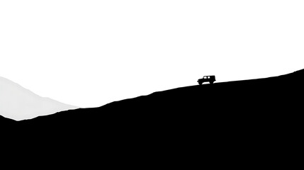 Obraz premium Minimalist black and white silhouette of an off-road vehicle ascending a steep hill under a bright sky, conveying freedom and adventure