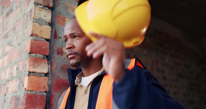 Building, construction and person with depression for project management delay or setback. Fail, hardhat and thinking with unhappy black man on worksite for property development mistake as architect