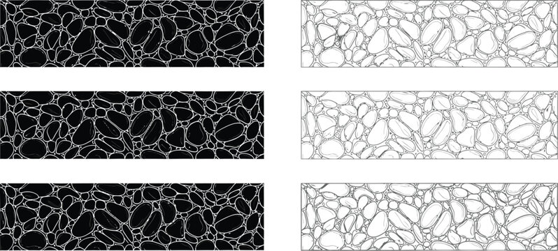 Abstract organic cell pattern set featuring black and white stone pebble textures for seamless background design and decorative graphic surface elements