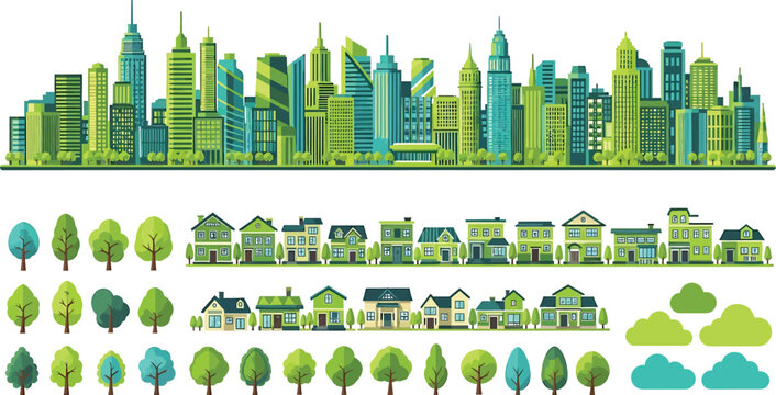 Green city skyline with residential houses and various trees set as a flat vector illustration for urban planning design projects