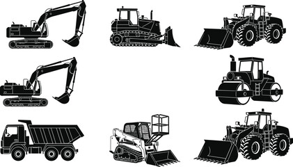 Detailed black and white flat vector illustration collection of heavy construction machinery including excavators, bulldozers, dump trucks, and road rollers. © MDABDULLAH