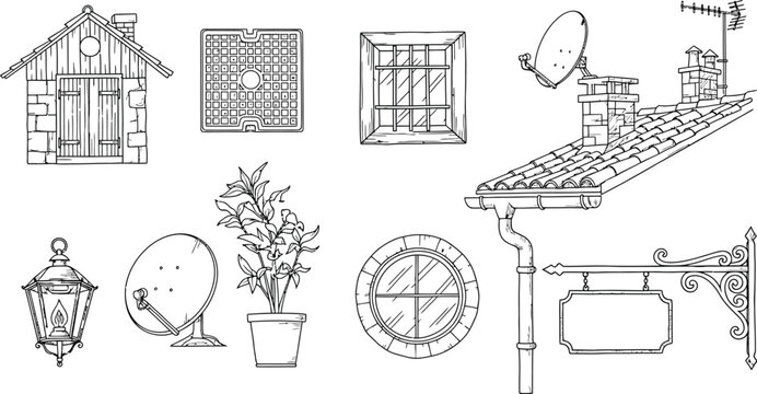 Set of hand drawn architectural elements including house roof sections windows street lamp satellite dish and signage vector illustration