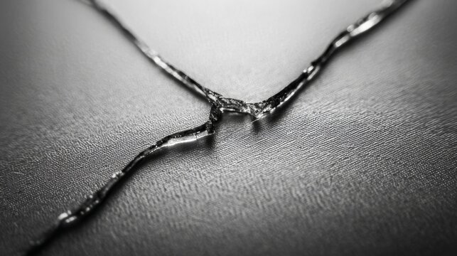 Black-and-white shot of broken wire on textured surface. Cracked structure suggests damage or fragility. Sharp contrast emphasizes broken form and tension. Use for themes of fracture, resilience