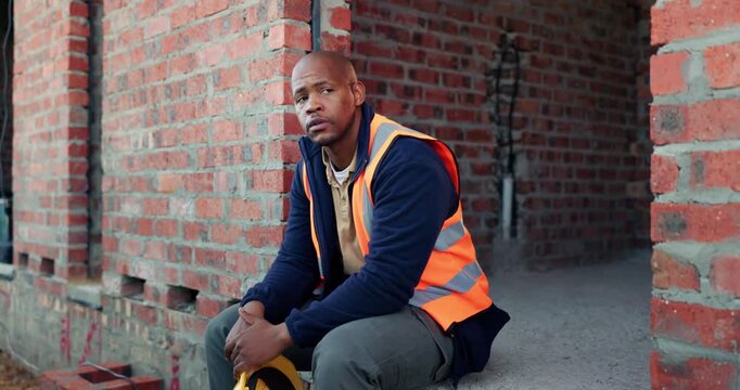 Stress, black man and construction worker with helmet on site with overworked, tired or mistake. Fatigue, burnout and African male civil engineer with problem for building, maintenance or repairs.
