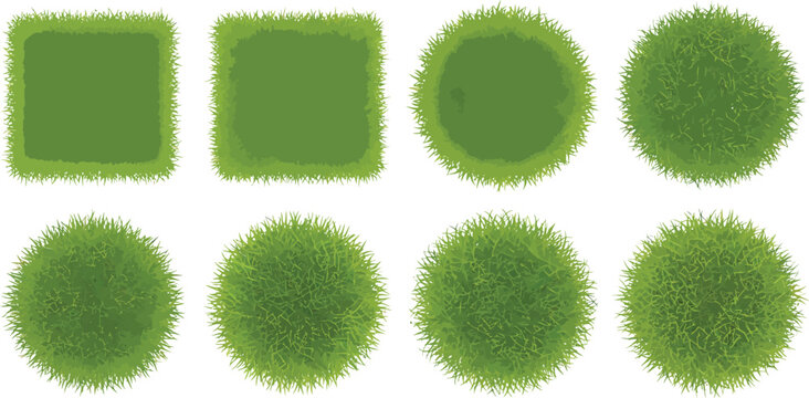 Set of green grass patches in square and circular shapes isolated on white background for landscape design and architectural plans