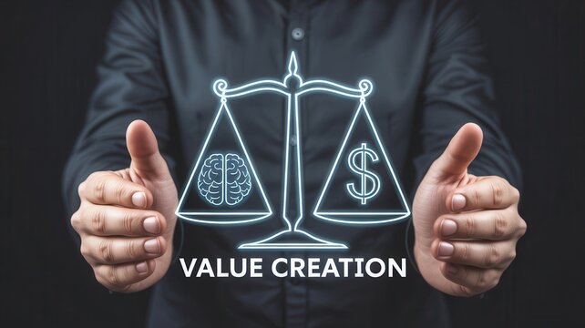 Value creation concept with a human brain and a dollar sign on a balance scale, held by a businessman