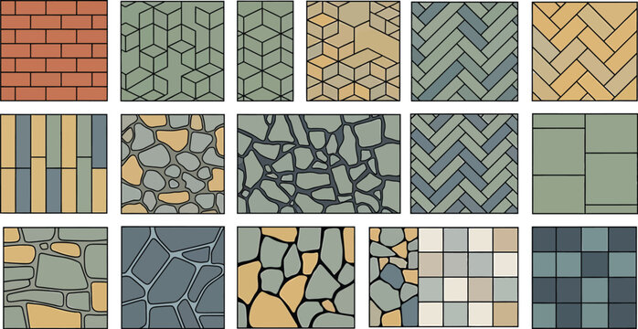 Set of various paving patterns and stone textures for landscape design including brick herringbone and irregular flagstone vector illustrations