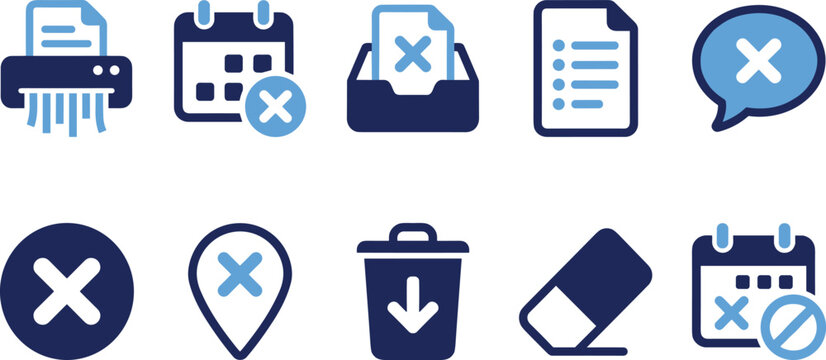 Business data deletion and document removal icons set with calendar and trash can symbols in blue shades.