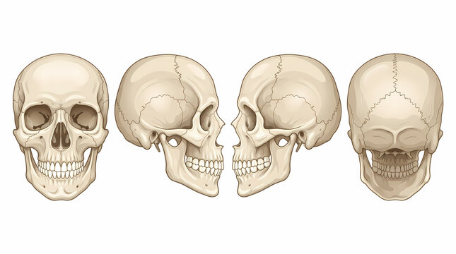 Human skull anatomy vector illustration isolated on white background, multiple views anatomical model set showing front side profile and back of human cranium bone for medical design