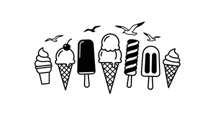 A collection of various ice cream treats and popsicles with flying seagulls in a simple black and white line art style.