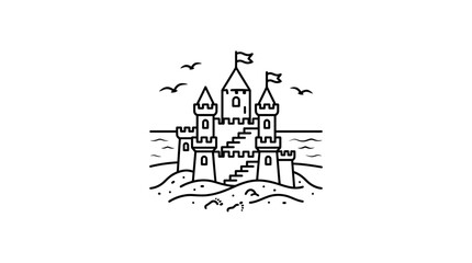 A hand drawn illustration of a detailed sandcastle on a beach. © Watirah_Martodimejo