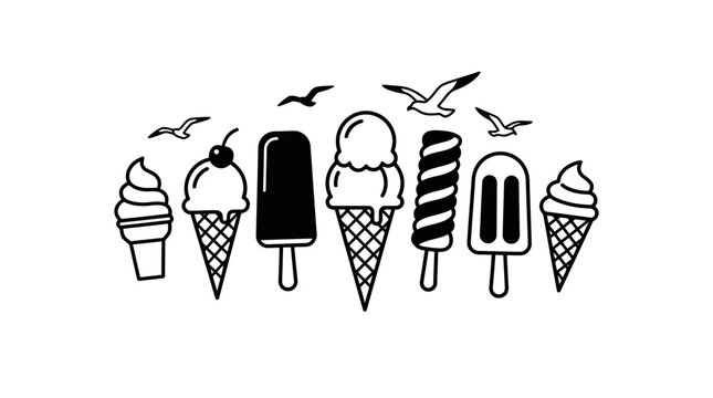 A collection of various ice cream treats and popsicles with flying seagulls in a simple black and white line art style.