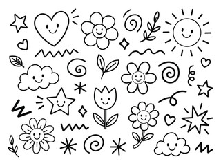 Fototapeta premium Hand drawn doodle set with happy sun, clouds, stars, flowers and hearts.