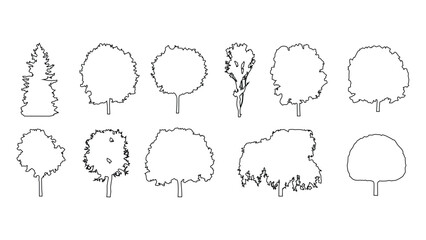 Obraz premium Black outline collection of various tree species set on a transparent background layer.
