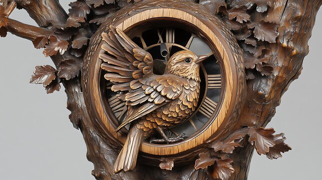 Closeup of an ornate, handcarved wooden cuckoo clock featuring a detailed bird with spread wings set against a tree trunk