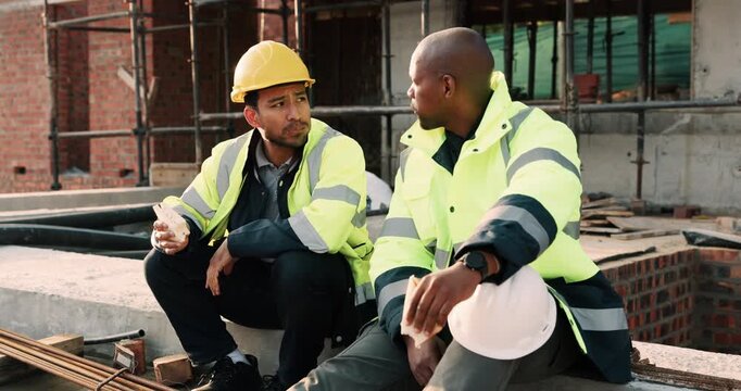 Lunch, construction and men talking on break, conversation and development at architecture site. Team, engineers and eating sandwich outdoor for rest, relax and hungry people with building discussion